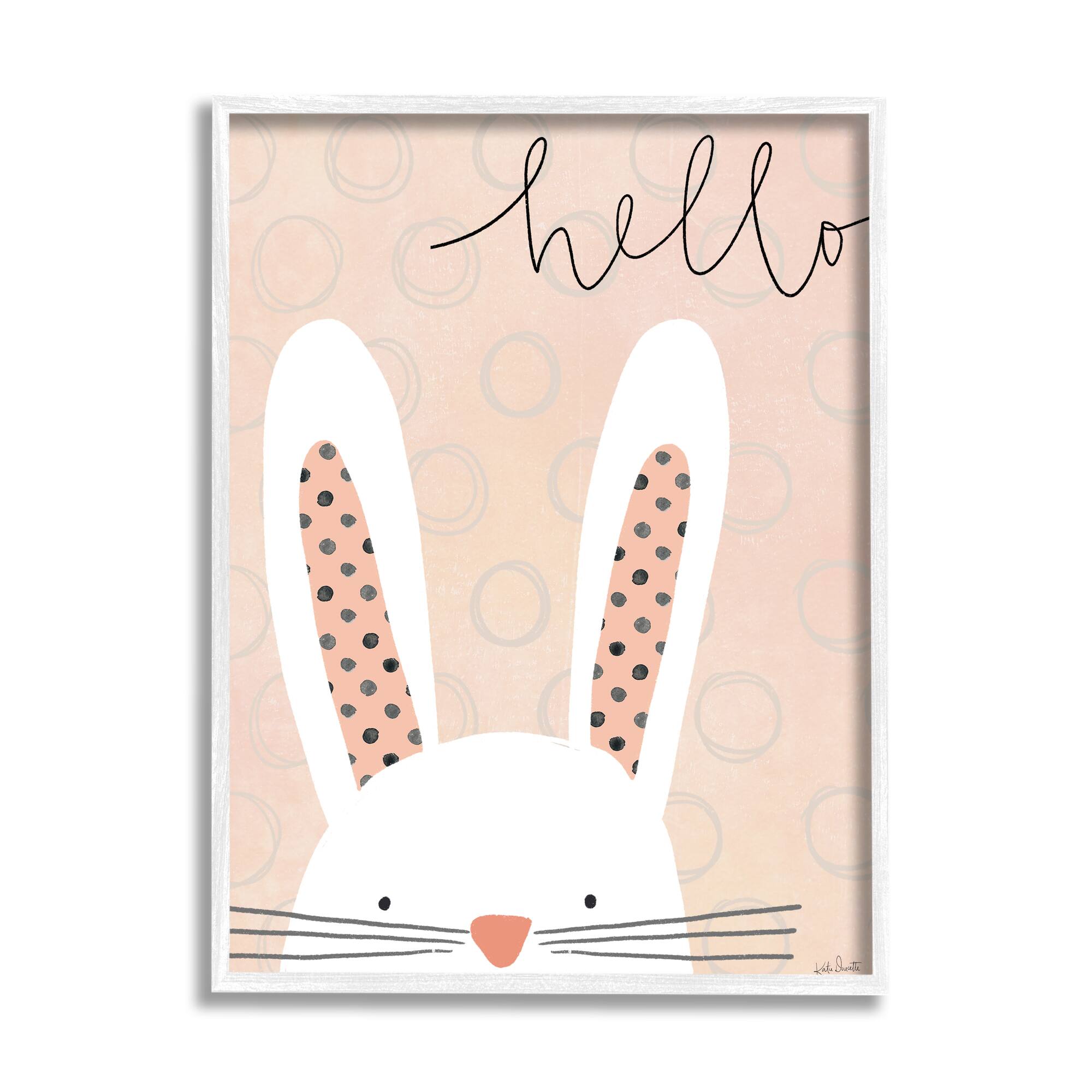Stupell Industries Hello Bunny Phrase Baby Rabbit Polka Dot Patterns in White Frame Wall Art